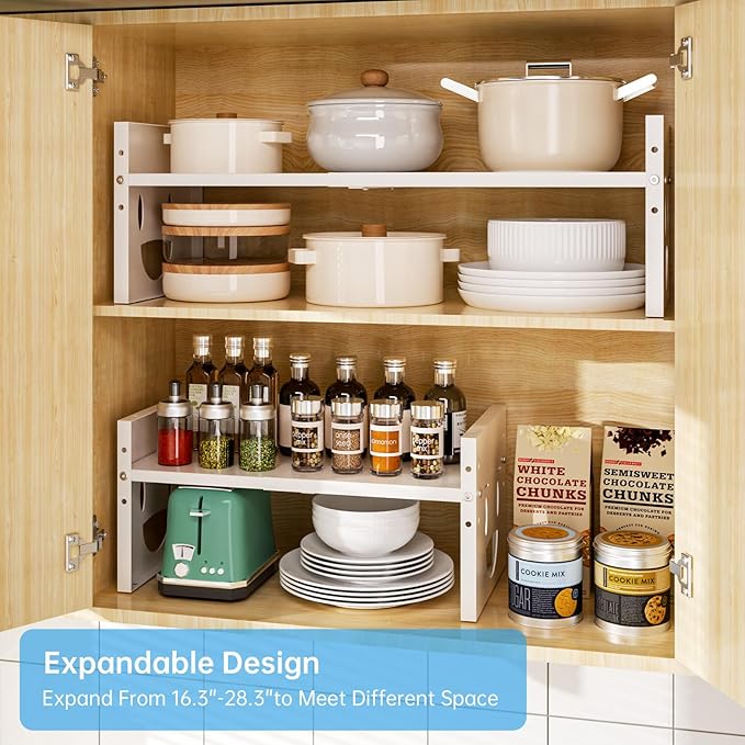 Fun-Face Expandable Cabinet Shelf Organizer,Adjustable Height & Width, Stackable Metal Storage Rack,Kitchen Spice Rack, Pantry Shelf, Countertops (2, White)