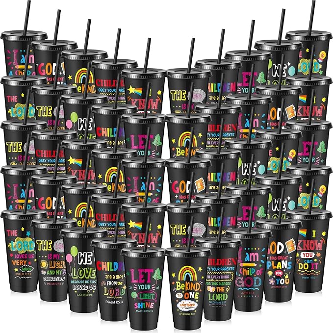 Uiifan 50 Pcs VBS Christian Cups Bulk for Kids, Religious Plastic Tumblers with Bible Verses, Sunday School and Church Gifts, Reusable Cups with Lids and Straws (Black)
