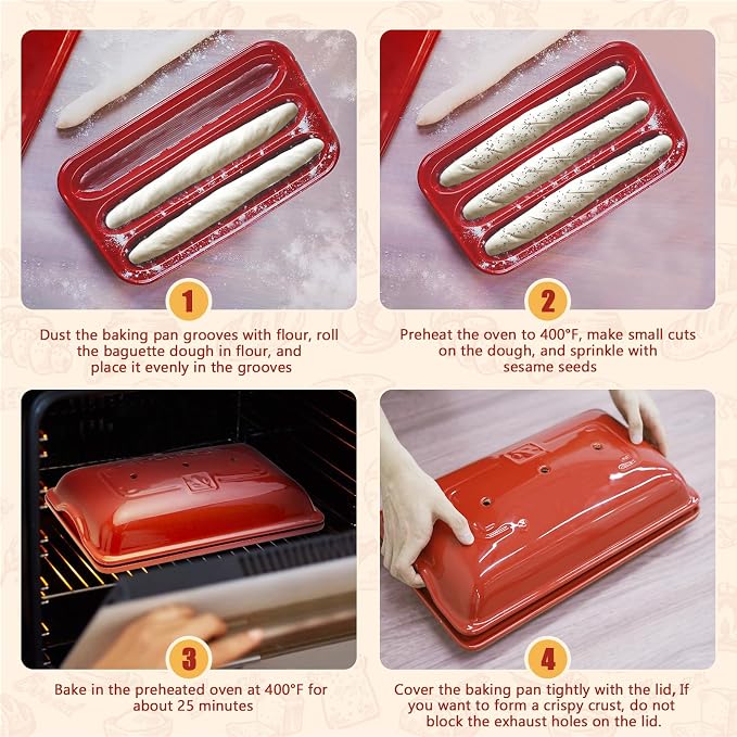 Techni Edge French Bread Baking Pan, Nonstick Baguette Bread Pan with Lid, 3 Slot Ceramic Baguette Mold, Heating Evenly, Crispy Crusts, Easy To Release for Sourdough Italian Loaf