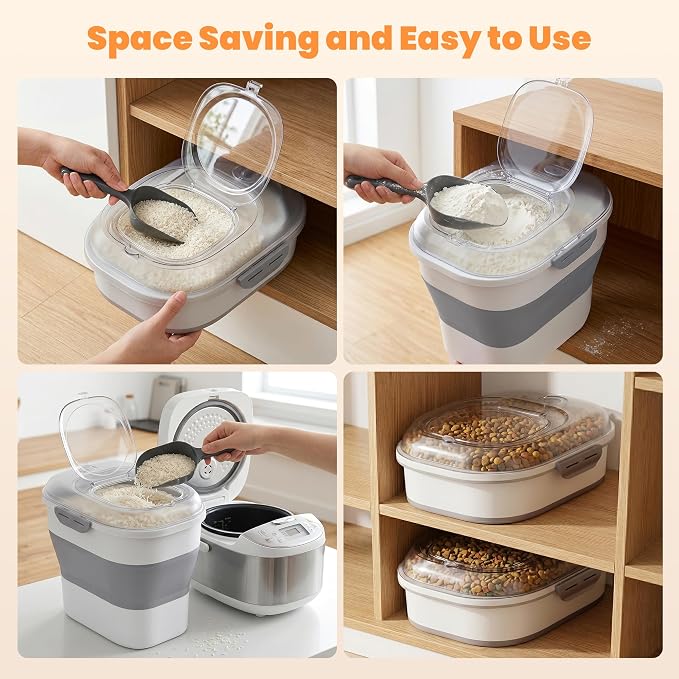 50 Lbs Rice Storage Container with Wheels, Collapsible Airtight Dog Food Storage Container with Transparent Lid, Measuring Cup, Scoop, Handle, BPA Free Rice Holder for Pet Food, Grain, Bird Seed