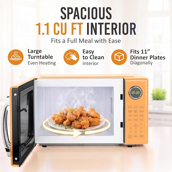 Nostalgia Modern Retro Compact Countertop Microwave Oven - 1.1 Cu. Ft. - 1000-Watts with LED Digital Display - Child Lock - Easy Clean Interior - Orange