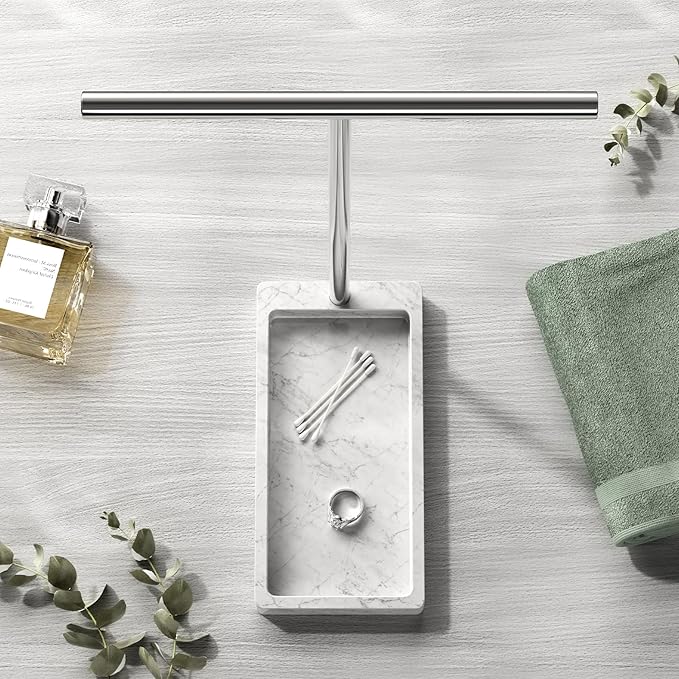 Volnamal Hand Towel Holder, 2 in 1 T-Shape Hand Towel Stand for Bathroom with Marble Base Tray, Hand Towel Rack Standing for Vanity Kitchen Countertop, Stainless Steel (Brushed)