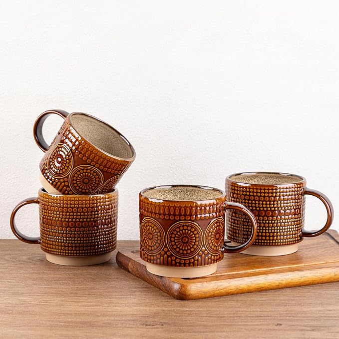 GBhome 12OZ Stackable Coffee Mugs, Ceramic Coffee Mugs with Texture Patterns for Man,Woman,Dad,Mom, Modern Coffee Mugs Set of 4 for Latte/Cappuccino/Cocoa. Dishwasher&Microwave Safe
