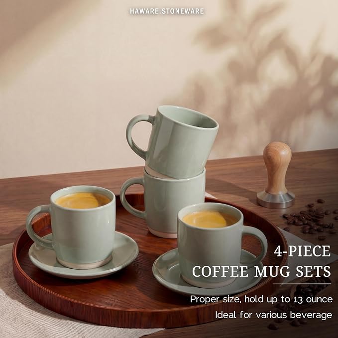 HaWare 13OZ Coffee Mugs Set of 4, Stoneware Coffee Cups, Ceramic Latte Mug for Man, Woman, Modern Tea Mugs for Latte/Cappuccino/Cocoa/Milk, Dishwasher& Microwave Safe, Speckled Asparagus Green