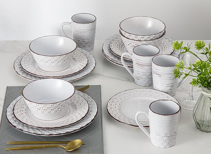 Lorren Home Trends 16 Piece Distressed Weave Dinnerware Set-White
