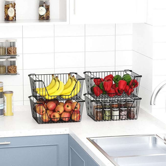 Stackable Wire Metal Baskets Sturdy Cabinet Organizer Wire Pantry Freezer Bin with Handle for Kitchen Pantry Fruit Vegetable Organization, Black, 4Packs