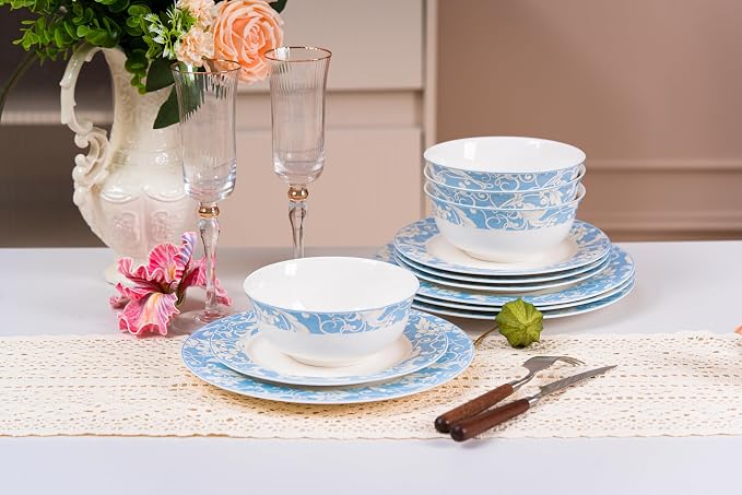 FHGNYSM Light Blue Porcelain Dinnerware Set,12-Piece Plates and Bowels set | Vitage Floral Scroll Pattern, Service for 4, Elegant Classic Kitchen Dish Set for Wedding, Party & Everyday Use