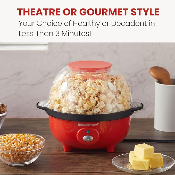Elite Gourmet EPM330R Automatic Stirring Ceramic Nonstick 12-cup Popcorn Maker, Hot Oil Popcorn Machine w/Measuring Cap & Built-in Reversible Serving Bowl, Great for Home Party, ETL Approved, Red