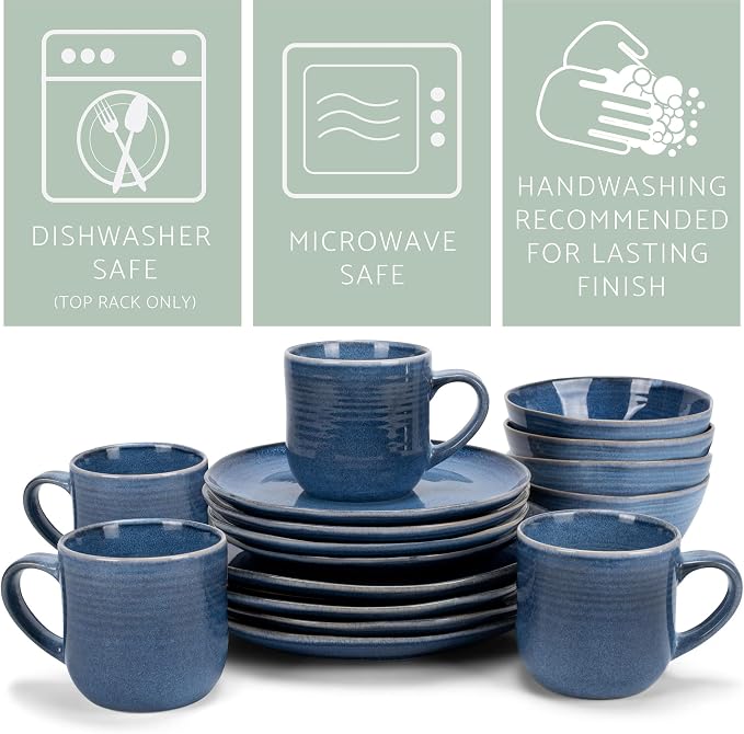 Elanze Designs Reactive Glaze Farmhouse Rustic Boho Ceramic Stoneware Dinnerware 16 Piece Plate Bowl Mug Dish Set - Service for 4, Cobalt Blue