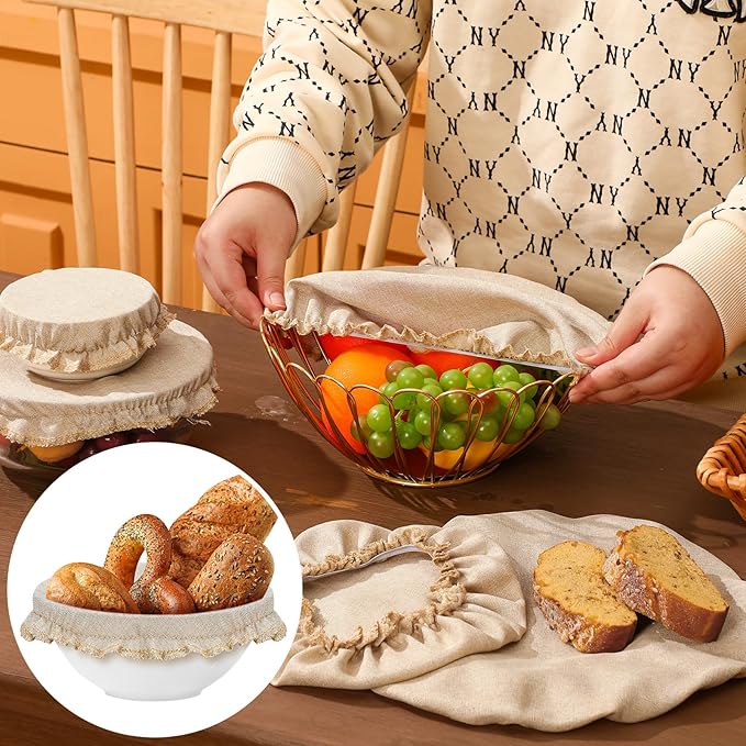 Patelai 10 Pcs Bowl Covers Reusable in 5 Size Stretch Cloth Fabric Elastic Food Storage Bowl Covers Bread Sourdough Lids for Proofing Food Fruits Leftover(Beige,Beige Style)