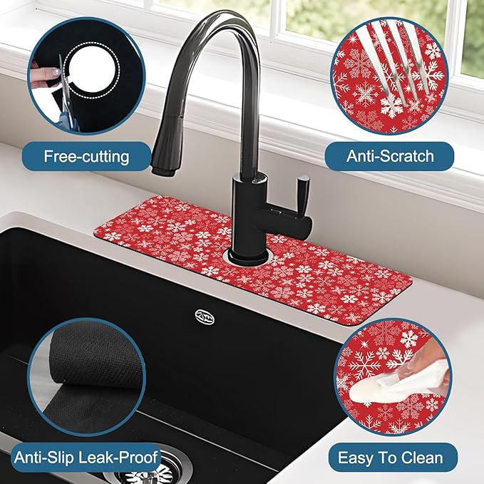 Christmas Merry Xmas Sink Splash Guard Santa Claus Faucet Absorbing Mat Fast Drying Mat Sink Gadgets Splash Guard Behind Faucet Drip Catcher for Kitchen Bathroom, 15.5"x5.5"