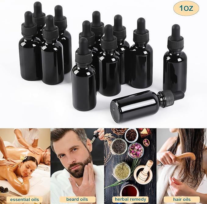 NOOEEISS 48 Pack,1oz Glass Dropper Bottle,Blakc Tincture Bottles with Dropper,Pretty Finish for All Kinds of Liquids,Oil Bottles for Hair- Stronger Suction ideal for Leakproof Travel