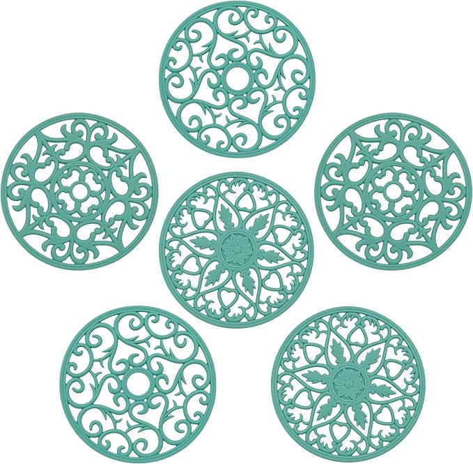Trivets for Hot Dishes, Silicone Trivet Hot Pads for Kitchen, Trivets for Hot Pots and Pans, Silicon Pot Holder Mat for Tabletop, Teal Kitchen Trivet for Quartz Countertops Set of 6
