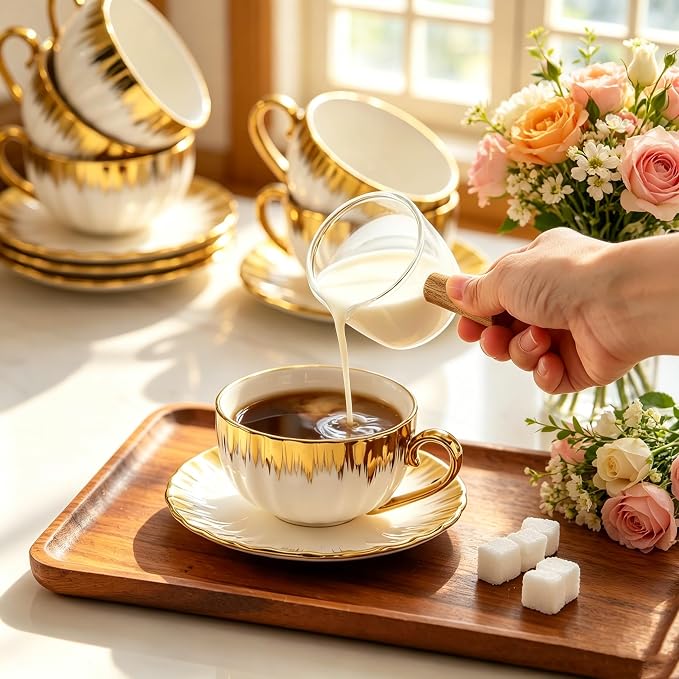 Cappuccino Cups with Saucers and Sakura Spoons, 8 oz Ceramic Espresso Cup Set of 4, Gold-Trim Coffee Cup Mugs for Latte, Tea, Kitchen or Café, Microwave and Dishwasher Safe