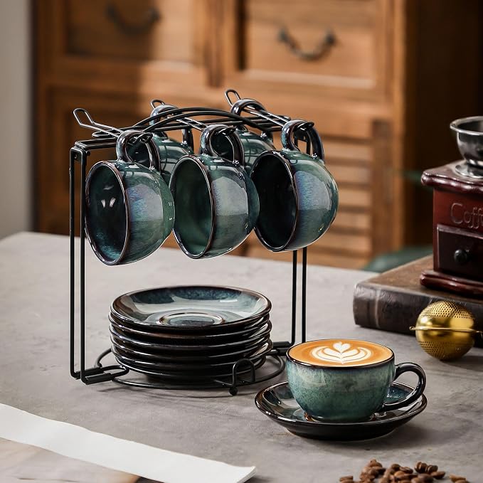 6 sets of 4OZ green coffee cup saucer sets, ceramic coffee cups with metal display racks, unique kiln enamel technology, suitable for tea, espresso, latte, cappuccino (6, Green, 4, ounces)