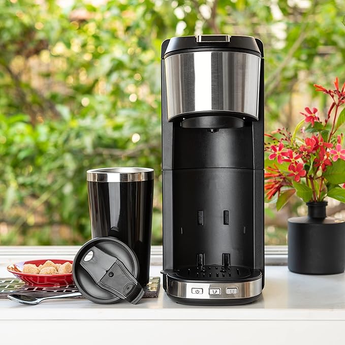 Mixpresso Coffee Maker Single Serve For Ground Coffee & Compatible With K Cup Pods, With 14oz Travel Mug & Reusable Filter For Home, Office & Camping, 30oz Removable Water Tank.