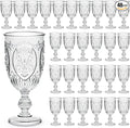 Wiwiqing 48 Pcs Plastic Goblets 7.5oz Vintage Goblet Plastic Wine Glasses Colored Retro Embossed Water Goblets for Wine Bar Juice Baby Shower Wedding Reception Grand Event Party (Clear)