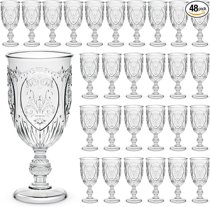 Wiwiqing 48 Pcs Plastic Goblets 7.5oz Vintage Goblet Plastic Wine Glasses Colored Retro Embossed Water Goblets for Wine Bar Juice Baby Shower Wedding Reception Grand Event Party (Clear)