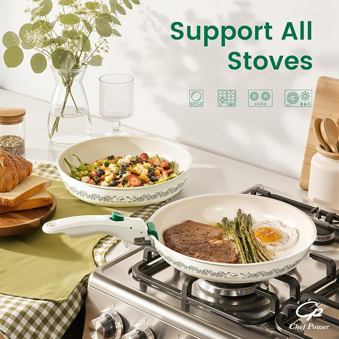 Chef Power Ceramic Cookware Set Non Toxic with Detachable Handles, Healthy Nonstick Decal Pans and Pots Set 14 Pcs, Induction Dishwasher Oven Safe Kitchen Set, Cream White with Olive Branch