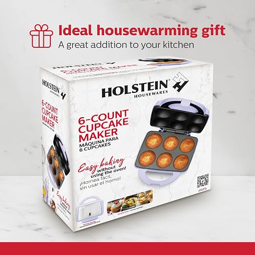 Holstein Housewares Non-Stick 6-Count Electric Cupcake Maker Machine – Bakes 6 Cupcakes, Muffins, Pizza Cups, Cinnamon Buns – Perfect for Gifts, Birthdays, Holidays, or Bake Sales, Lavender