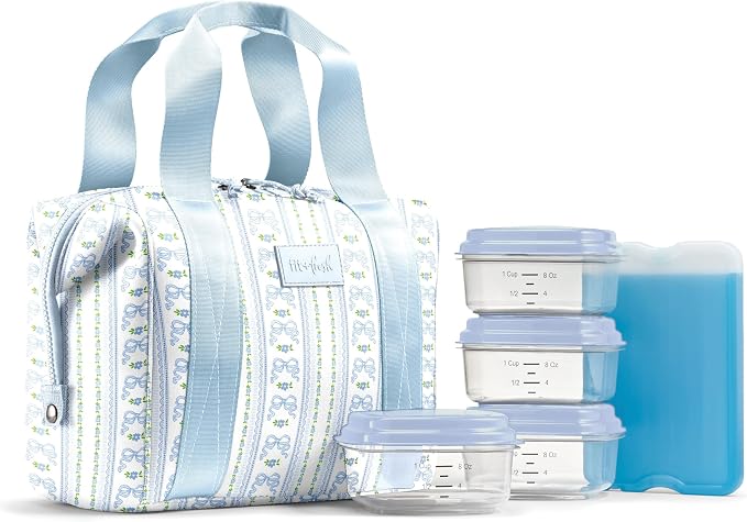 Fit & Fresh Remi Lunch Bag for Women Work – Neoprene Lunch Tote with Containers & Ice Pack, Reusable Meal Prep Lunch Box, Large Capacity, Machine Washable, Blue Wallpaper Bows