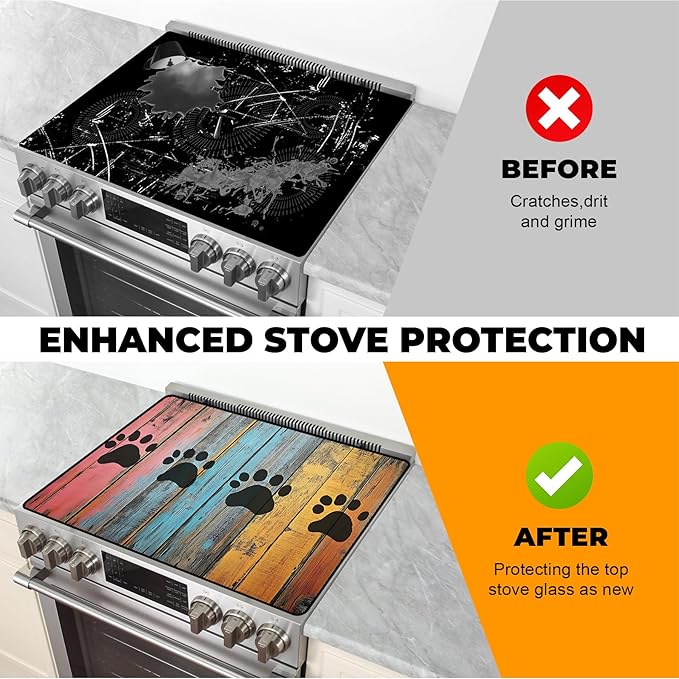 Heat-Resistant Glass Stove Top Cover with Anti-Slip Rubber Coating – Electric Stove Protector, Scratch-Resistant, Expands Counter Space, Stylish Kitchen Decor (Dog Paw Print)