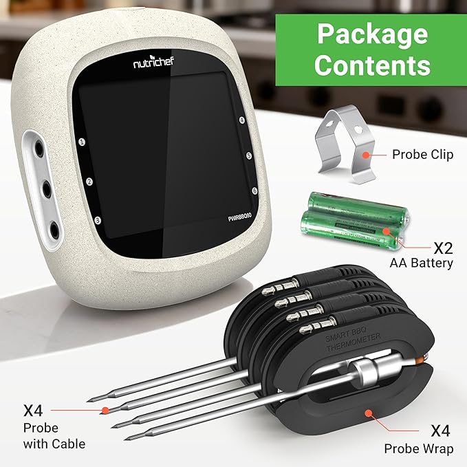 Nutrichef Bluetooth Meat Thermometer for Grilling and Smoking with 4 Wireless Meat Probes, 4 Channels with LCD Display