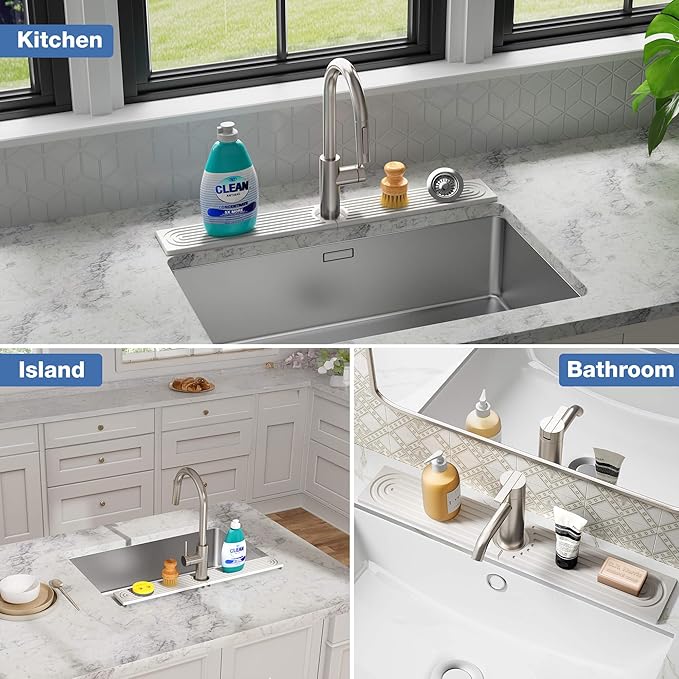 DK177 Faucet Mat for Kitchen Sink - Water Absorbing Stone Tray for Sink, Diatomite Fast-Drying Faucet Mat, Faucet Splash Guard for Bathroom Counter (White, 30" x 4")