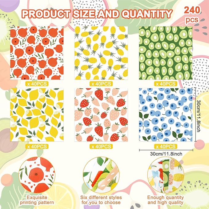 Whaline 240Pcs Fruit Wax Paper Summer Lemon Pineapple Strawberry Deli Wrap 11.8 Inch Colorful Blueberry Kiwi Sandwich Waterproof Greaseproof Picnic Liners for Party Kitchen Supplies