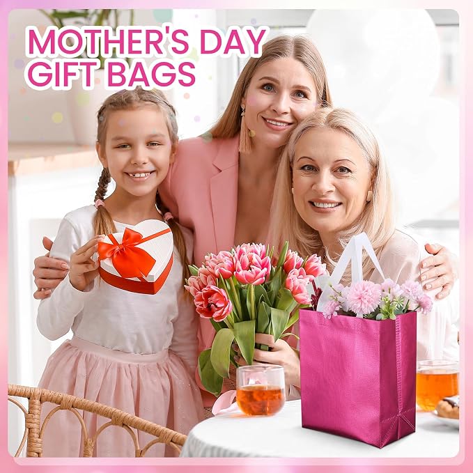 Eccliy Reusable Gift Bags Set Glossy Grocery Gift Tote Bag with Handle for Wedding, Bridal Shower, 4th of July, Summer Event(10 x 8 x 4.7 Inch,Hot Pink,80 Pcs)