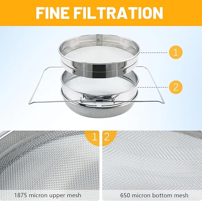 BeeTech Stainless Steel Honey Strainer Double Sieve, Beekeeping Extractor Equipment Mesh Filter for Beekeepers Honey Extraction
