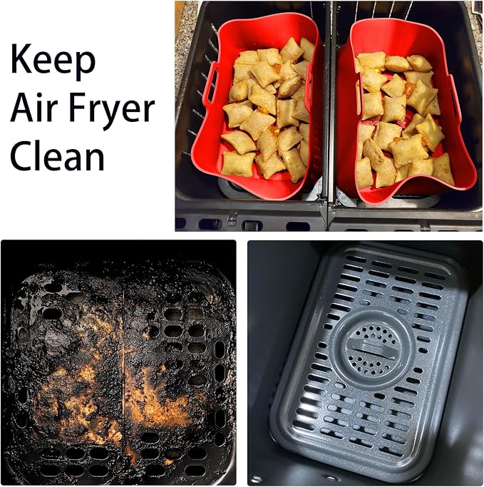 Silicone Air Fryer Liners for Ninja - Reusable 8 Qt Bowl for Foodi DZ201 Dual Basket Airfryer - Rectangular 2-pack 2025 Upgraded Food Safe Silicone Baking Tray Red (RED & BLACK)