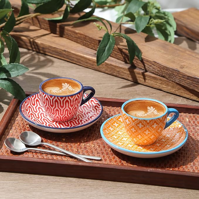 Selamica Ceramic 2 oz Espresso Cups, Small Expresso Coffee Cup Set with Saucers, Porcelain Mini Demitasse Cups for Latte Mocha Tea, Set of 6, Assorted Colors