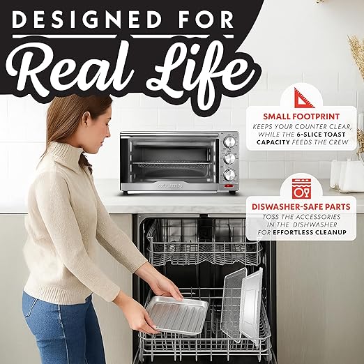 Gourmia Air Fryer Toaster Combo - 6-in-1 Multi-function Countertop Oven Adjustable Temperature & Timer, Fry Basket, Baking Pan, Oven Rack & Pullout Crumb Tray, Stainless Steel
