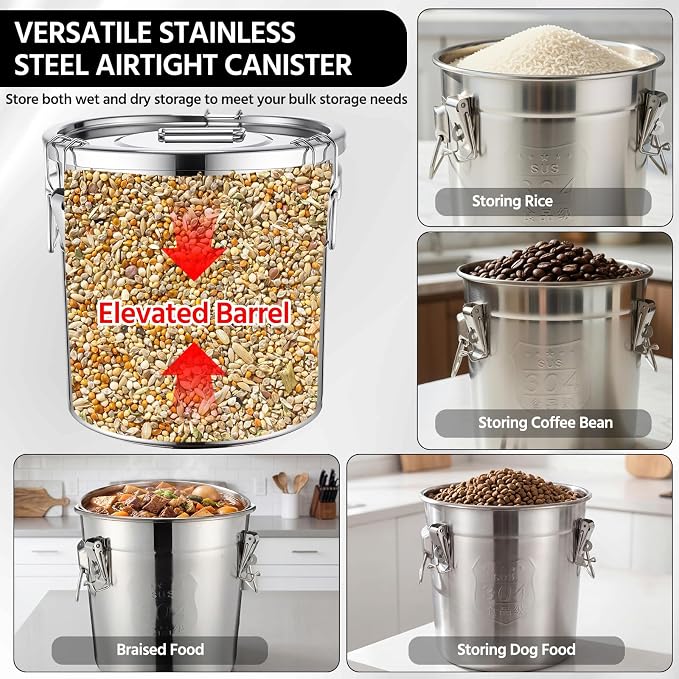 Suclain 3 Pcs 21L 304 Stainless Steel Airtight Canister Large Stainless Steel Food Storage with Locking Lid Metal Leak-proof Container for Pantry Organization Rice, Flour, Oil, Water