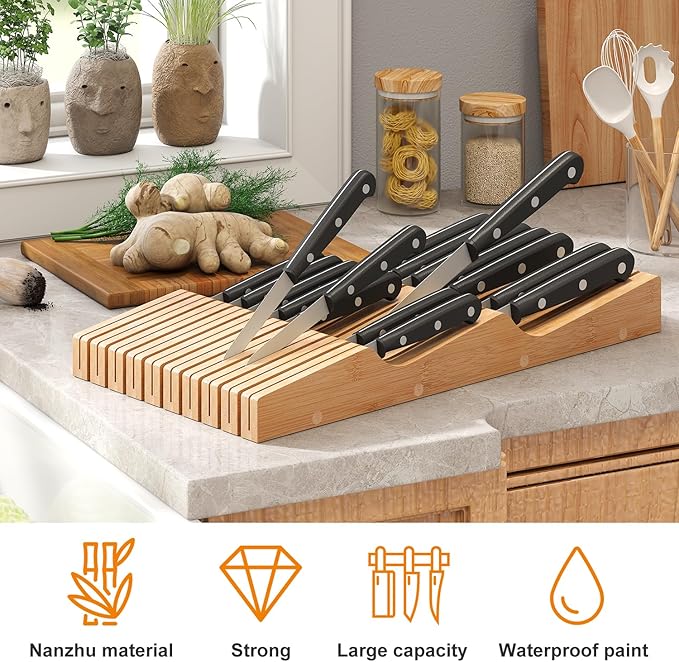 In-Drawer Knife Block Organizer - Bamboo Wood Drawer Knife Organizer-Protecting Knife Organizer Block (Not Included) (Natural, 19 Knives Dock)