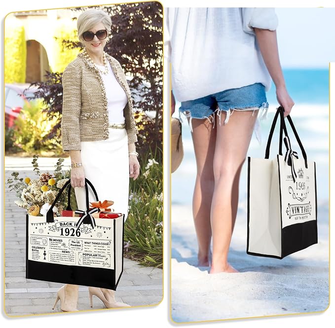 YeohJoy 100th Birthday Gifts for Women Canvas Tote Bag Travel Gear, Unique 100 Years Old Birthday Gifts for Mom Wife Aunt Friends Her, Vintage 1926 Handbag & Cosmetic Bag & Back in 1926 Poster