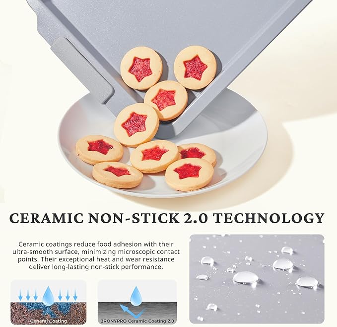 BRONYPRO Non Stick Ceramic Baking Sheet Pan Set of 3, Non Toxic Cookie Sheets (PFOA/PTFE Free), Aluminized Steel Oven Trays with Silicone Handles, Rust-Resistant, Warp-Resistant to 500°F, Light Gray