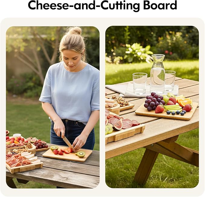 Charcuterie Board with Lid Gift Set - Cheese Bamboo Tray with Utensils, 2 Sauce Bowls,Fruit Tray and Food-Grade Seal Included - Portable with Handle for Travel, Parties, Kitchen Gifts for Women