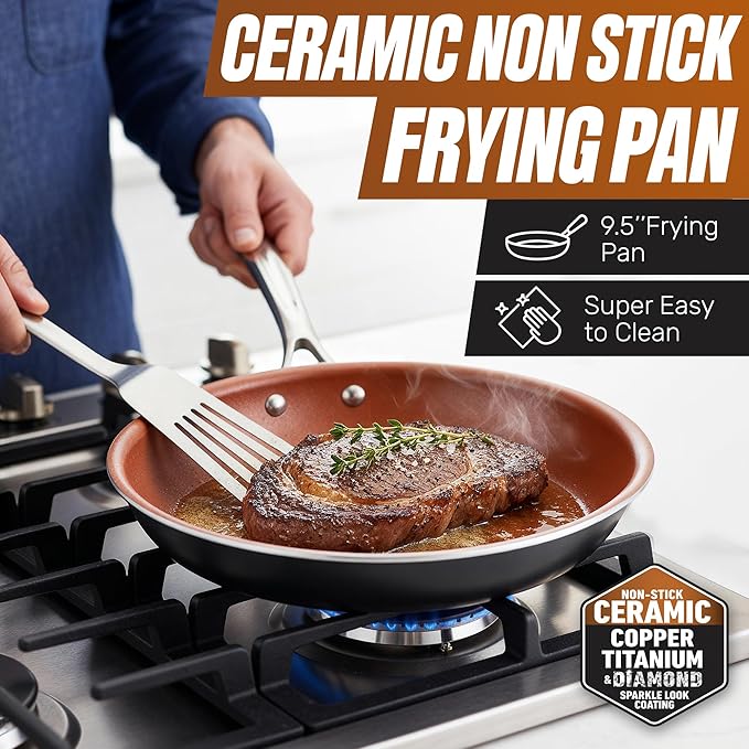 Gotham Steel 12 Pc Pots and Pans Set Non Stick Ceramic Cookware Set | Non Toxic PFOA/PFOS/PTFE Free, Stay Cool Stainless Steel Handles, Dishwasher and Oven Safe, Copper