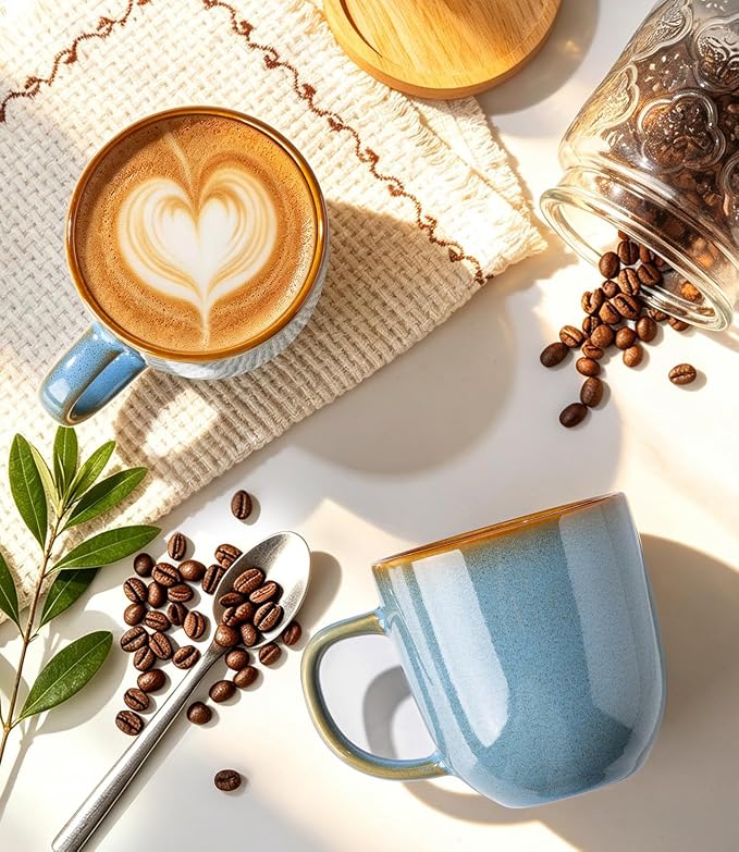 LERATIO Ceramic Coffee Mugs Set of 6,12oz Handmade Coffee Mugs Set with Large Handle for Cappuccino/Latte/Tea/Hot Cocoa,Dishwasher & Microwave Safe-Ocean Blue