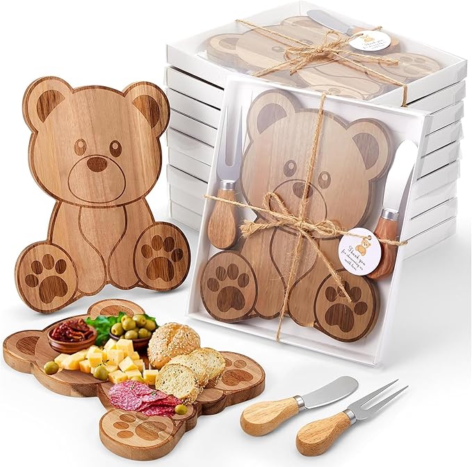 Ziliny 12 Set Baby Shower Prizes Bear Shaped Cheese Board with Cheese Knives and Forks Baby Shower Party Favors Gift Box for Wedding Bridal Birthday Gender Reveal Favor (Acacia Color)