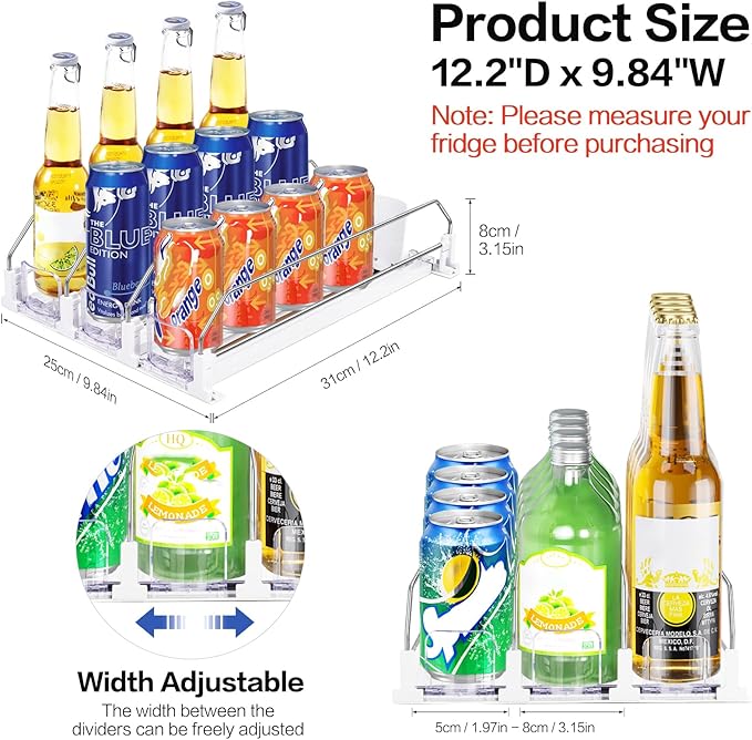White Drink Organizer for Mini Fridge, Automatic Pusher Soda Can Organizer, Drink Dispenser for Can Beer Holds up to 12 Cans 3 Row (Depth 12.2" x Wide 9.9")