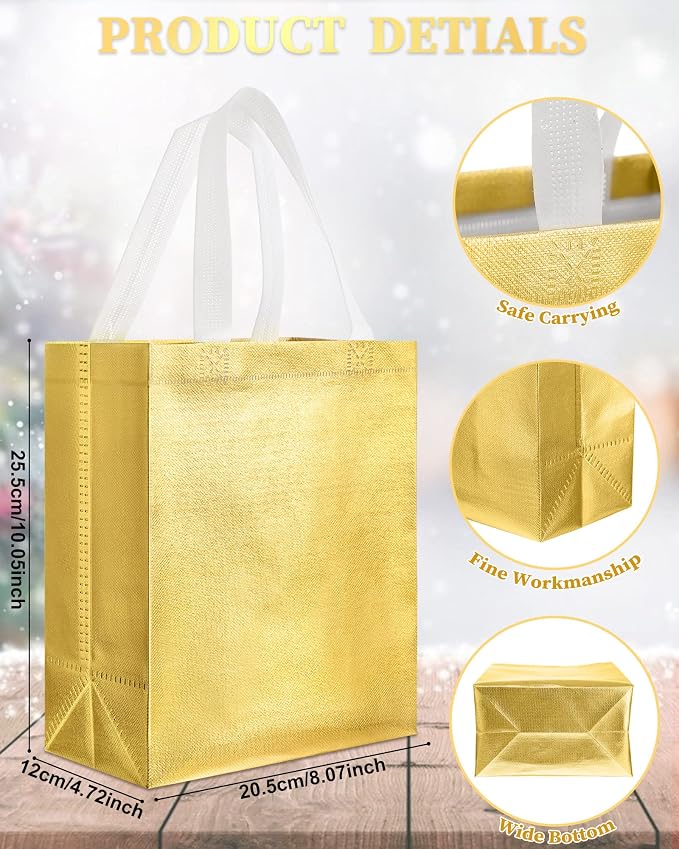 Eccliy Reusable Gift Bags Set Glossy Grocery Gift Tote Bag with Handle for Wedding, Bridal Shower, 4th of July, Summer Event(10 x 8 x 4.7 Inch,Rose Gold, Gold, Silver,80 Pcs)