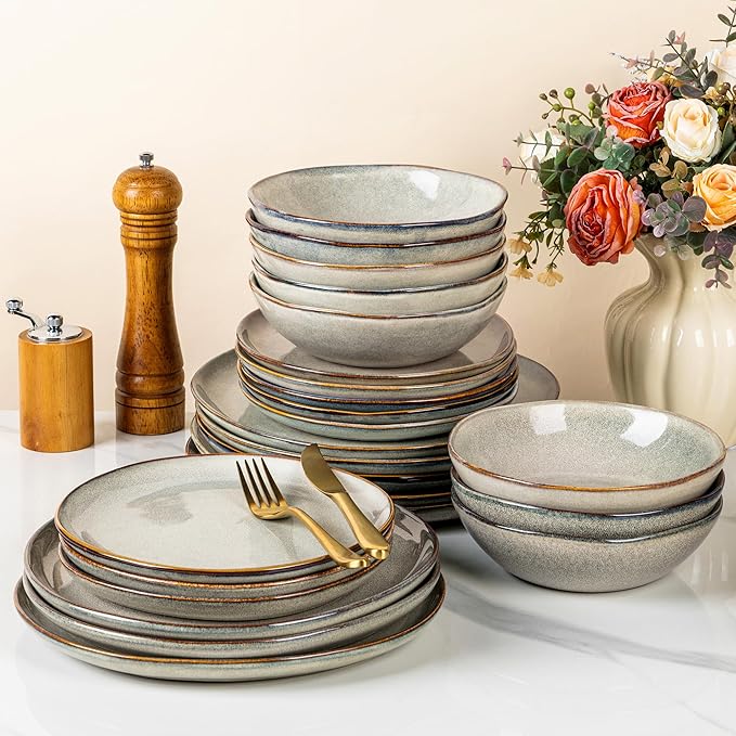 GBHOME Stoneware Dinnerware Sets for 8, 24 Pieces Rustic Earthenware Plates and Bowls Set, Handmade Reactive Glaze Ceramic Plate Sets, Chip Resistant Dishes, Microwave & Dishwasher Safe, Wheat Green