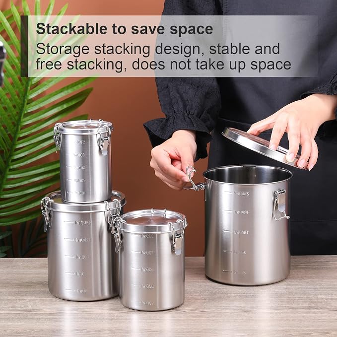 Sabary 4 Pcs Stainless Steel Airtight Food Containers for Kitchen 84oz 54oz 34oz 17oz Coffee Bean Flour Sugar Tea Cereal Cookie Metal Food Storage Canisters with Lids and Sturdy Locking Clamp