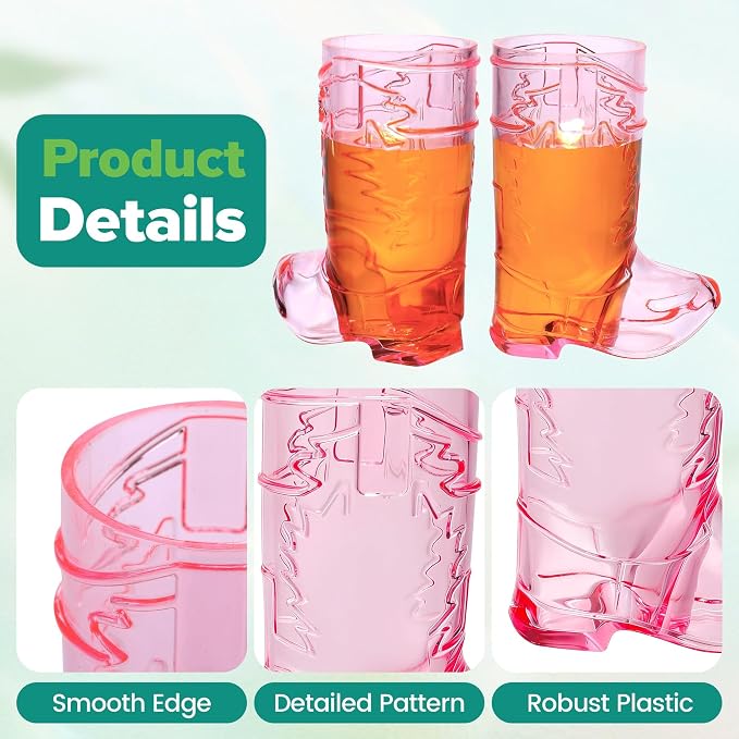 Aodaer 24 Pieces 1 OZ Pink Cowboy Boot Shot Glasses Mini Plastic Boot Shot Cups Western Cowboy Glasses Reusable Beer Mugs for Cowgirl Party Decorations Birthday Bachelorette Party Favors