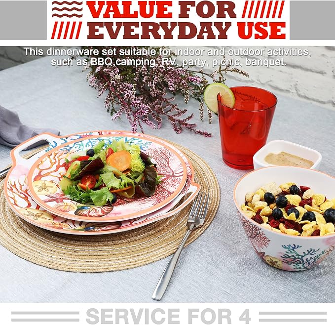 Melamine Dinnerware Set for 4-16 Pcs:Camping Dishes Set with Dinner Plates,Salad Plates,Cups and Bowls.Lightweight and Unbreakable.Indoor and Outdoor Use.