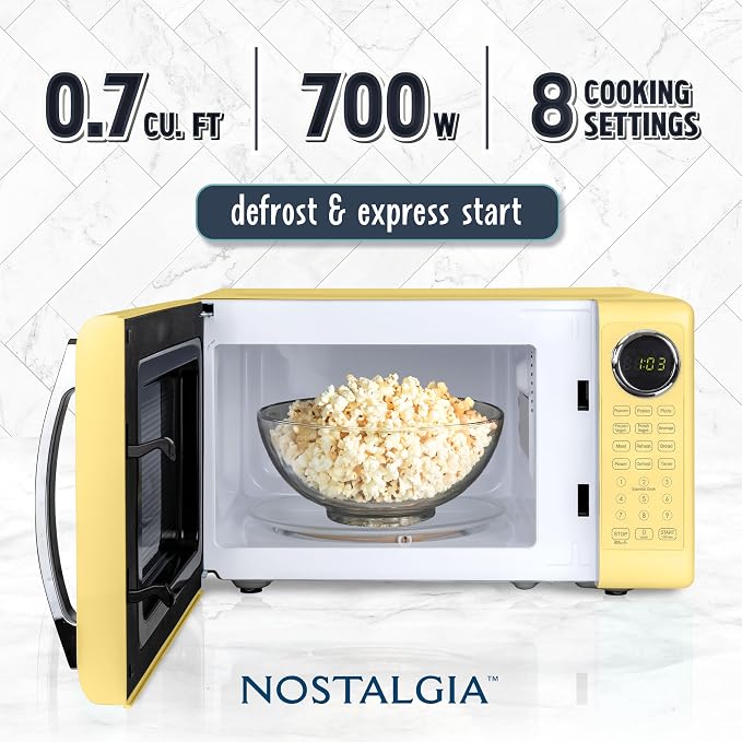Nostalgia Modern Retro Compact Countertop Microwave Oven - 0.7 Cu. Ft. - 700-Watts with LED Digital Display - Child Lock - Easy Clean Interior - Yellow
