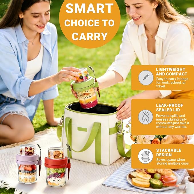 16+4 OZ Glass Mason Jars,Overnight Oats Containers with Lids and Spoon,Removable Independent Compartment,Large Capacity Airtight Jar for Milk,Fruit,Cereal,4 Pack(Purple/Green/White/Red)